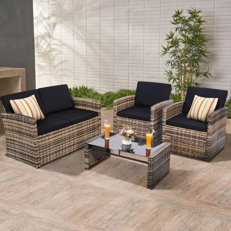 

4-Piece Wicker Rattan Patio Furniture Set, Outdoor Sectional Sofa with Glass Table & All-Weather Cushions