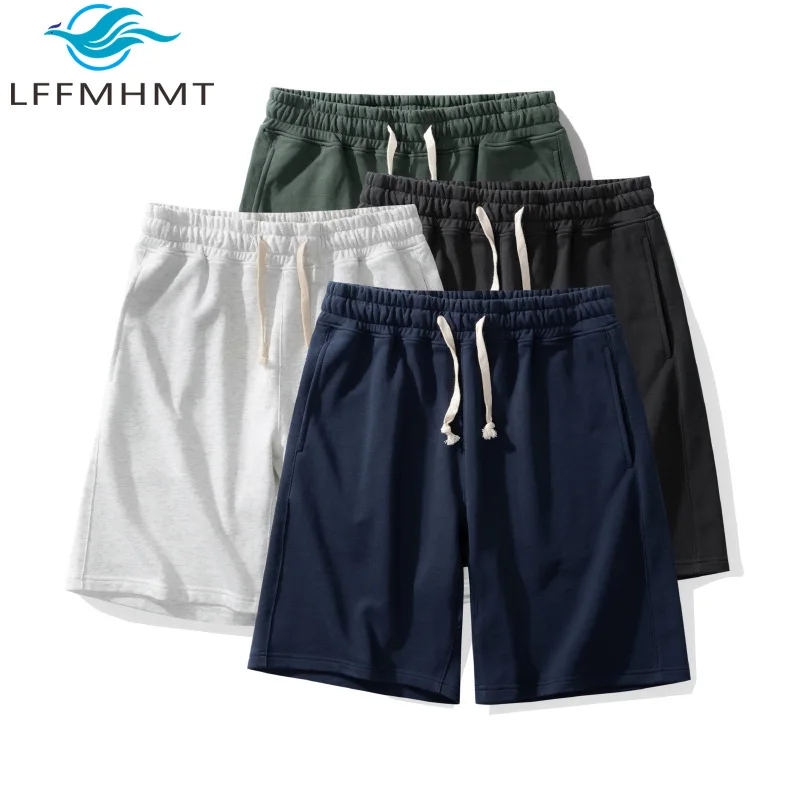 

300 г/м2, тяжелые шорты, мужские летние модные однотонные базовые брюки средней длины с эластичной резинкой на талии, повседневные свободные шорты для улицы