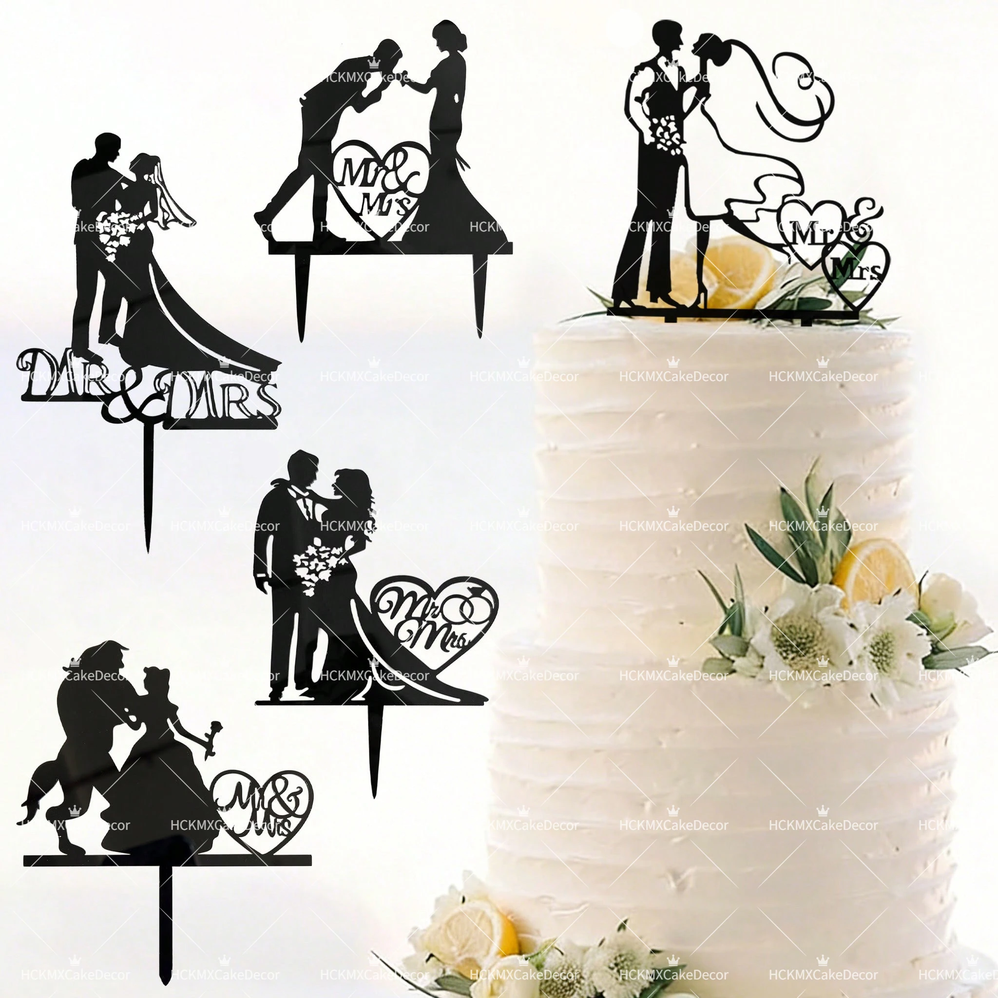 3pcs Wedding Cake Toppers Black Acrylic Mr & Mrs Bride  Groom Silhouette Picks for Wedding Party Cake Decorations