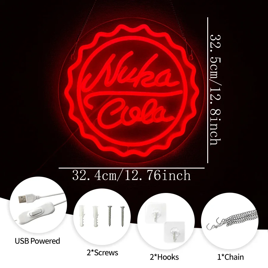 Nuka Cola Led 네온 사인, 빨간색 병 뚜껑 벽 장식, USB 전원, 게임 룸, 침실, 바, Man Cave 벽 조명, Han에 쉬운.