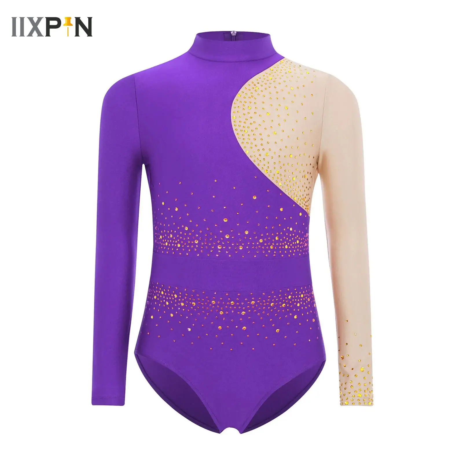 

Kids Girls Ballet Leotard Figure Skating Performance Costume Sparkly Rhinestone Gymnastics Dance Leotard Color Block Bodysuit