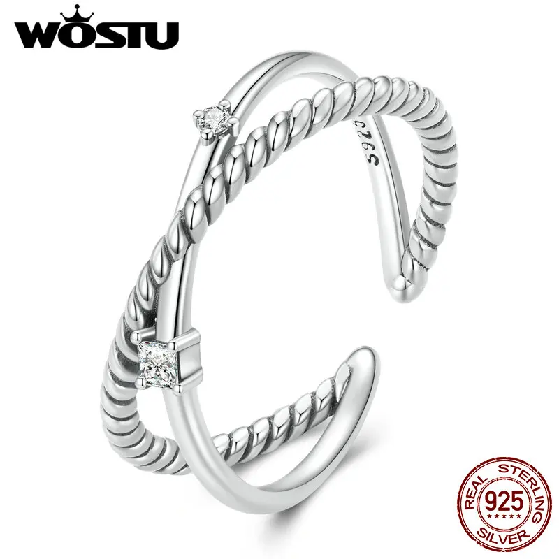 WOSTU Vintage 925 Sterling Silver Twist Chain Staggered Rings For Women Luxury Zircon Ring Wedding Engagement Fine Jewelry Gift