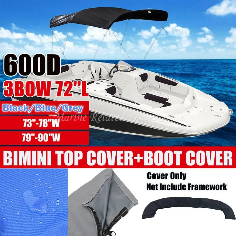 3 Bow Bimini Top Boot Cover 600D No Frame Waterproof Yacht Boat Cover With Zipper Anti UV Dustproof Cover 73”-78”W 79”-90”W