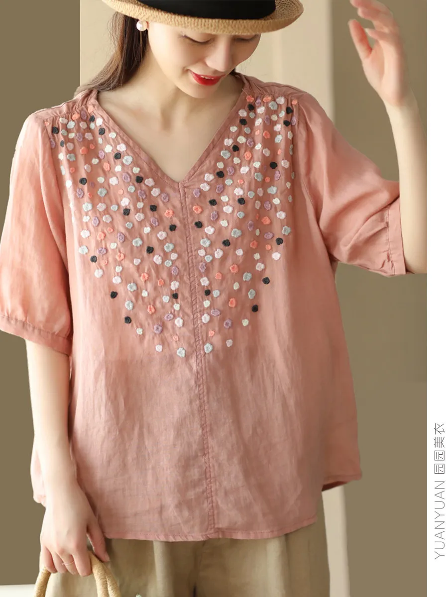 Retro Embroidered Heavy Work Linen Shirt Women's V-Neck Pullover Top Garden Beauty New Arrival Elegant Fashionable