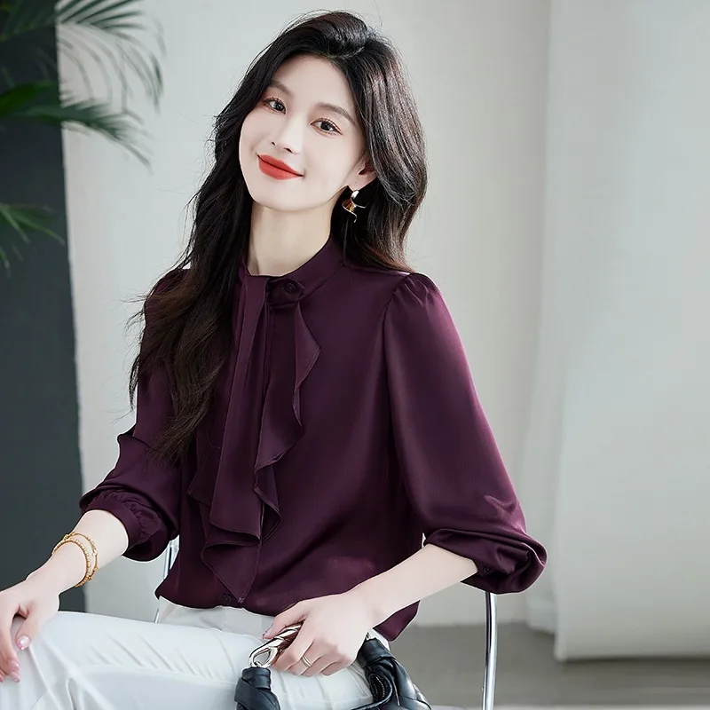 

Винтажные женские блузки, однотонные рубашки, модная свободная летняя корейская одежда, шифоновые женские топы с длинными рукавами и рюшами