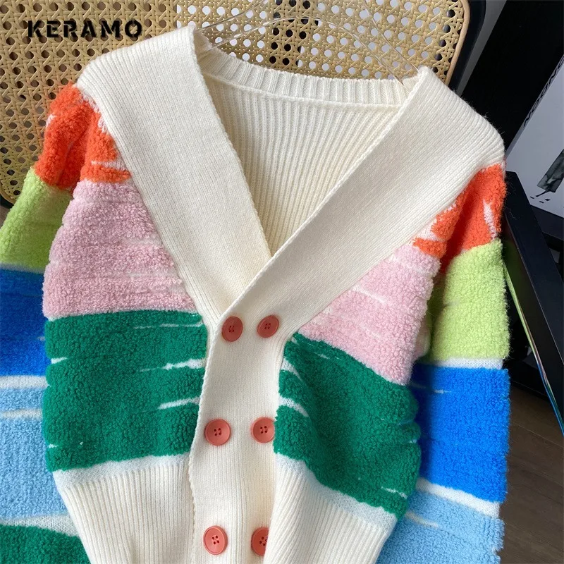 Women Casual Sweet Rainbow Striped Knitting Long Sleeve Cardigans 2023 Winter Korean Fashion Casual V-Neck Kawaii Sweater