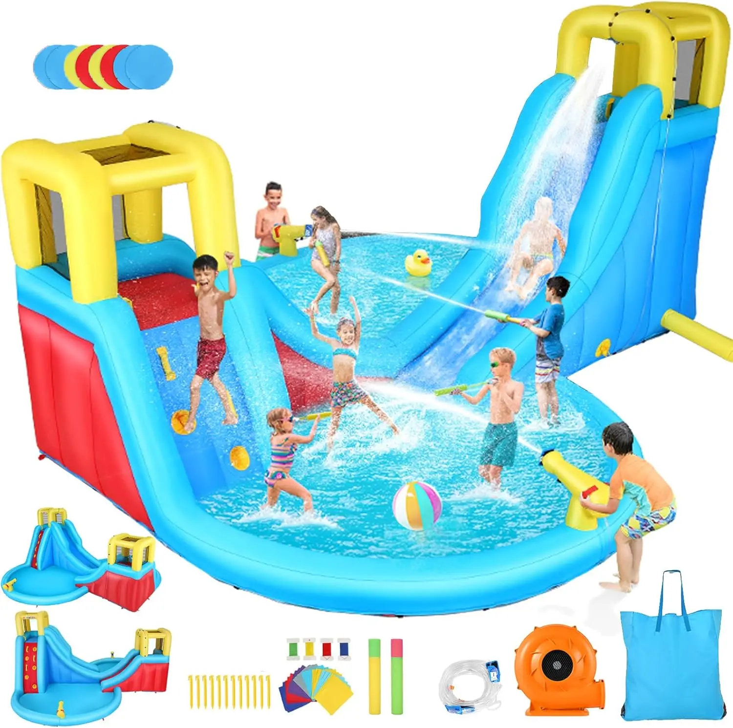 Große aufblasbare Wasserrutsche – Duell-Wasser-Bounce-Haus, aufblasbarer Wasserrutschenpark mit Spritzbecken, Kletterwand, Korbrand, Wasserkanne
