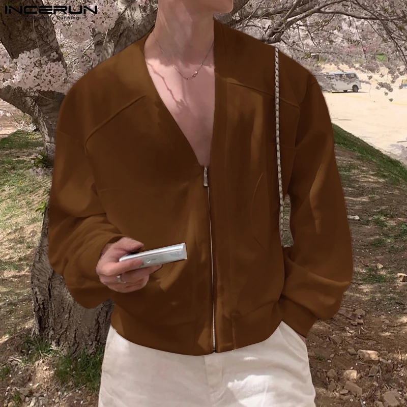 

INCERUN 2022, мужские однотонные куртки с длинными рукавами, осенние повседневные свободные куртки на молнии с лацканами и карманами, пальто с v-образным вырезом, модное пальто большого размера S-5XL