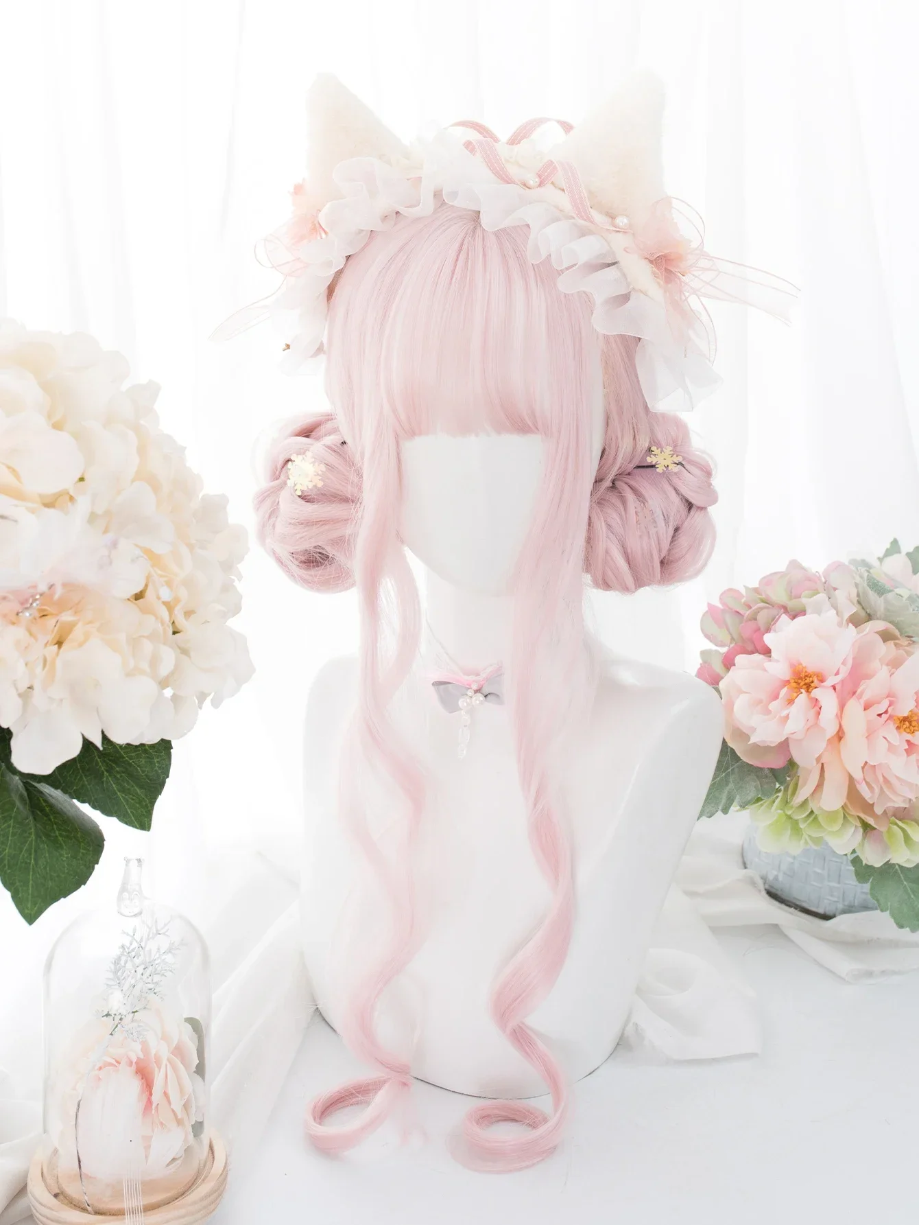 Wig sintetik warna Pink persik 26 inci dengan Bang Wig rambut berombak panjang alami untuk wanita penggunaan sehari-hari Cosplay tahan panas