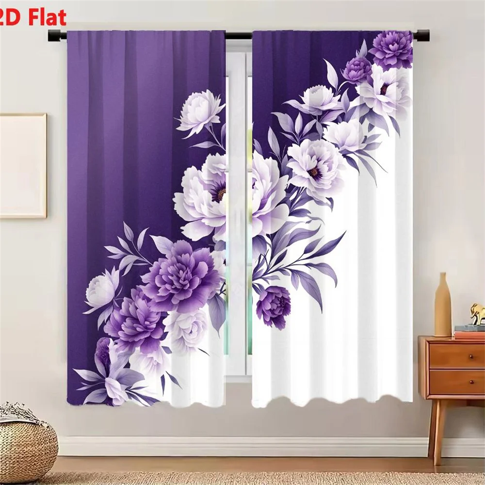 2Pcs Curtains Elegant Purple Floral Arrangement Digital Illustration With Gradient Background Window Drapes for Bedroom Room Dec