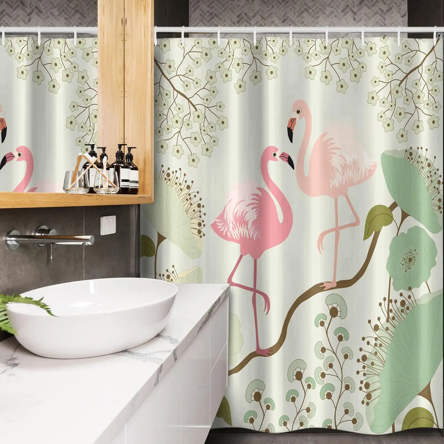 フランキンゴ-シャワーカーテン-フック付き-–-枝に咲くピンクのフラミンゴ、グリーンサーモンの花柄トロピカルバスルーム装飾
