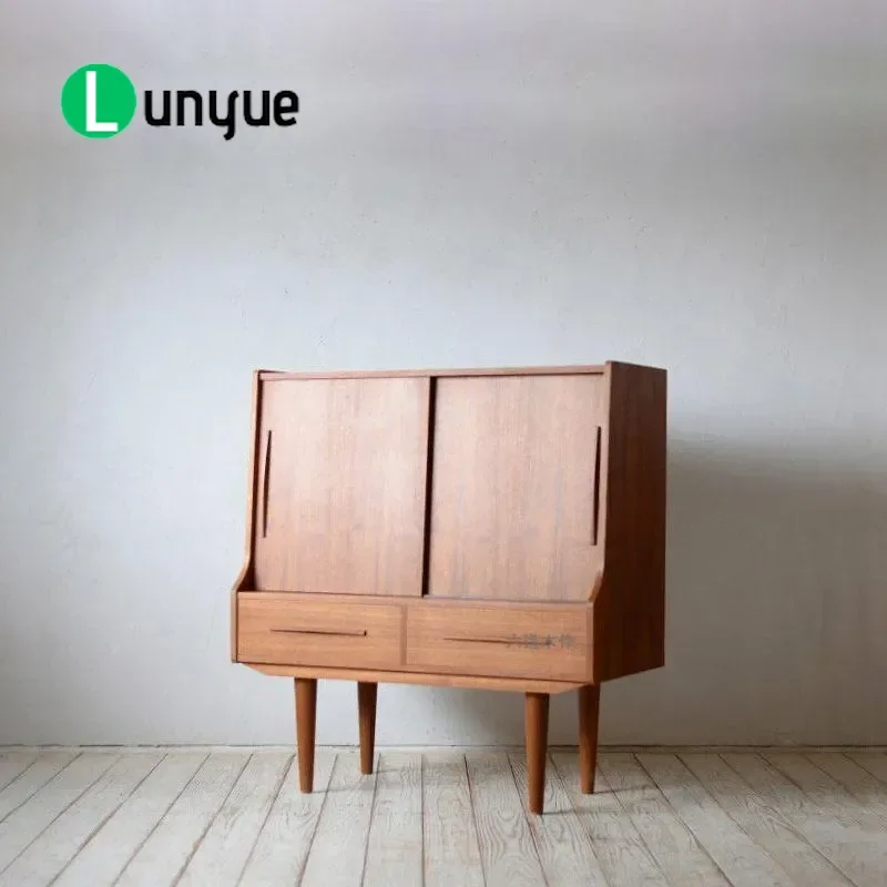 Danish Retro Cherry Wood Teak Color Side Cabinet Medieval Style All Solid Wood Living Room Multi Functional Chest Furniture