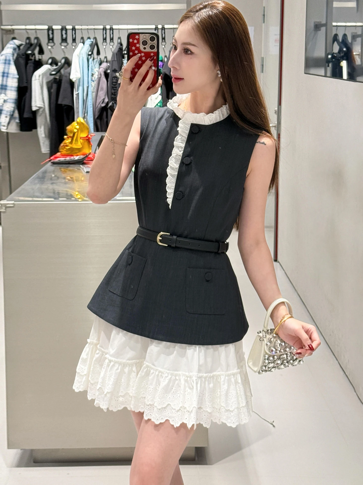 

High Waist Lace Trim Vest Dress SP Home South Oil High End Women's Summer Fake Two-Piece Waist Cinching Backless Gown
