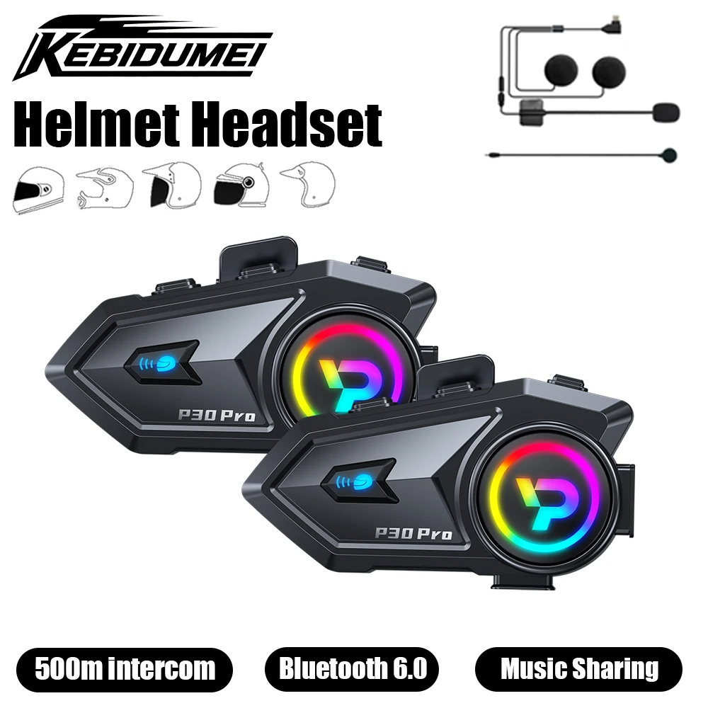 KEBIDUMEI P30 Pro الخوذات سماعة 2In1 Mic سمّاعات بلوتوث مقاوم للماء سماعة راديو FM دراجة نارية الاتصال الداخلي موتو اكسسوارات