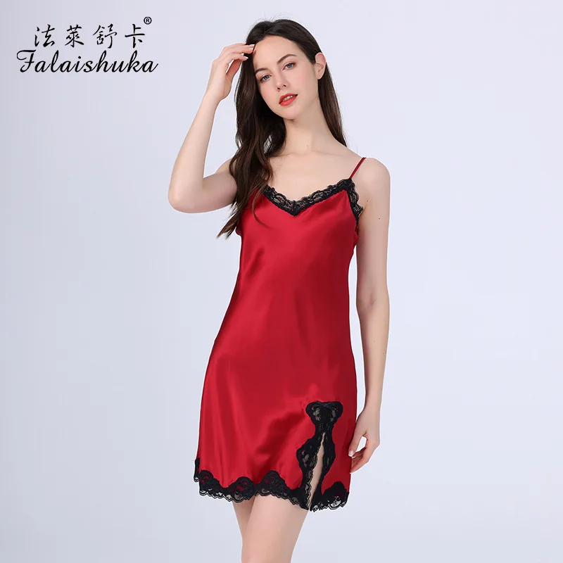 16 momme sexy lace 100% natural silk women nightgown Spaghetti straps genuine silk V-neck night dress sleepwear D3771