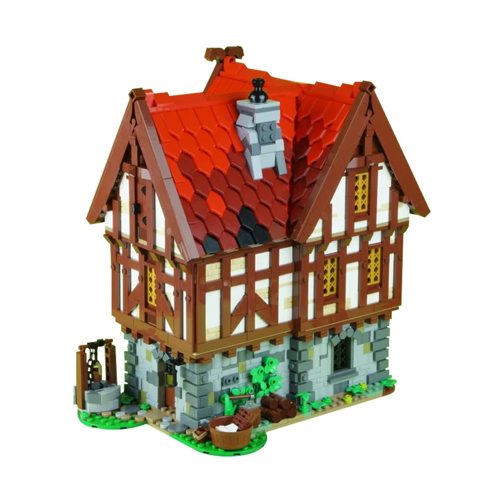 Moc blocos de construção de taverna medieval, modelo de arquitetura medieval, vista de rua, tijolos de restaurante vermelho, brinquedo montado, presente para crianças