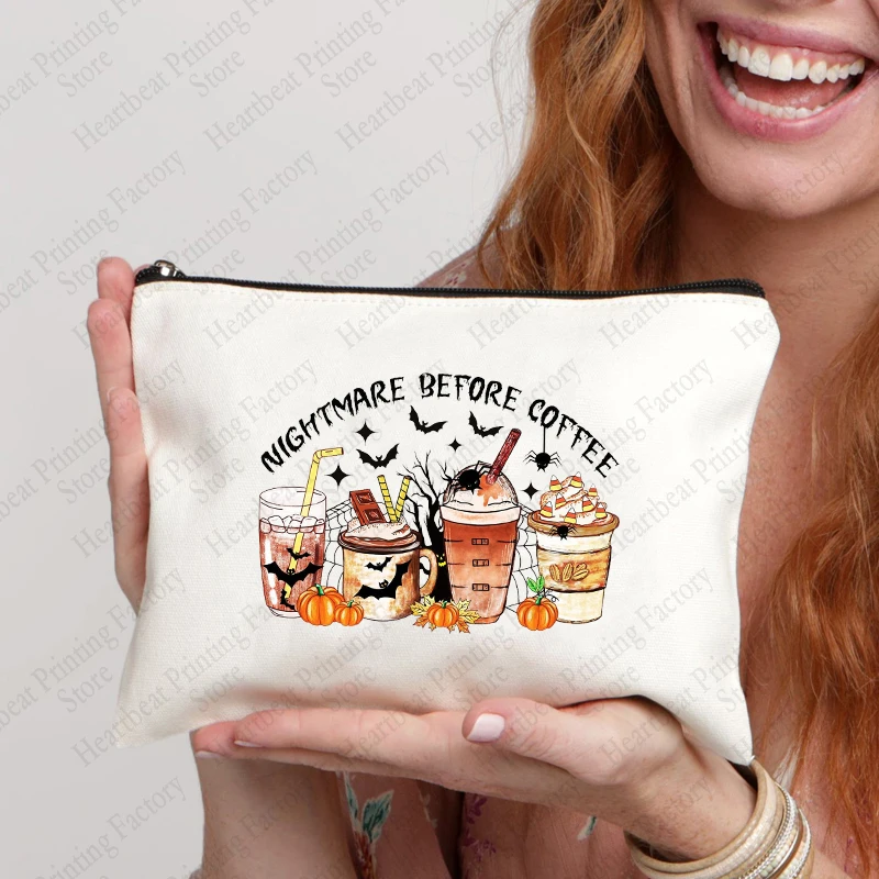 Pumpkin Spice Latte Fall Coffee Pattern Cosmetic Bag Simple Zipper Makeup Bags Multi Toiletry Wash Bag Halloween Gift for Her