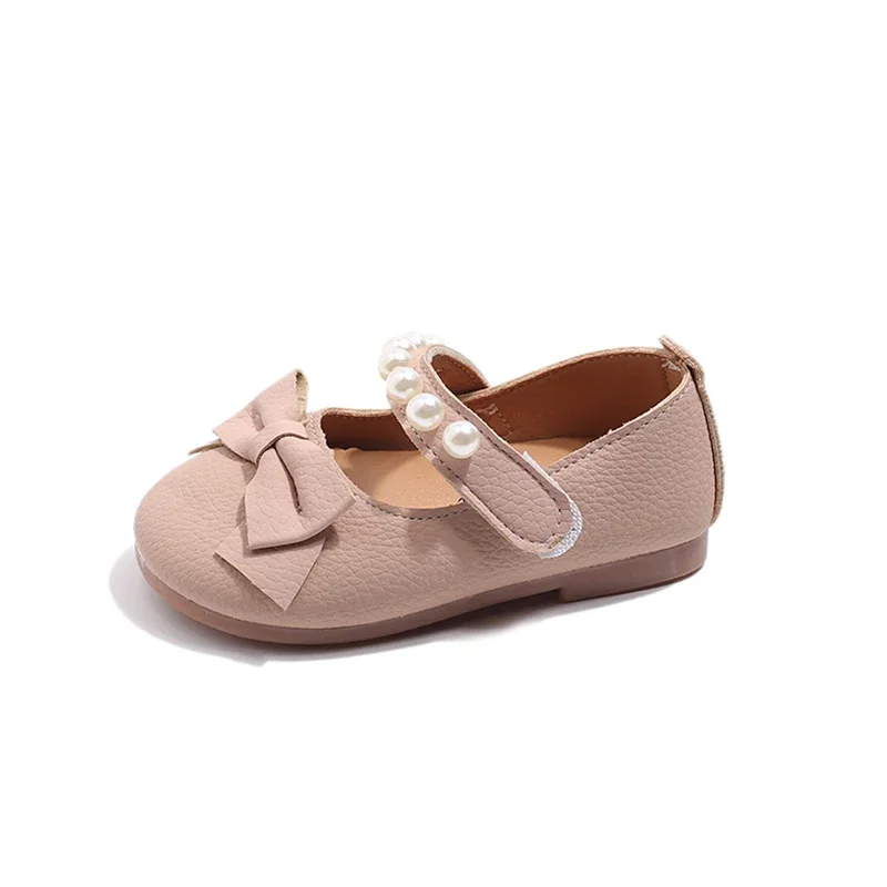 Soft PU Leather Mary Janes Shoes para crianças, Apartamentos com pérolas, Frisado com nó de borboleta, Vestido de festa fofo, Crianças e bebês