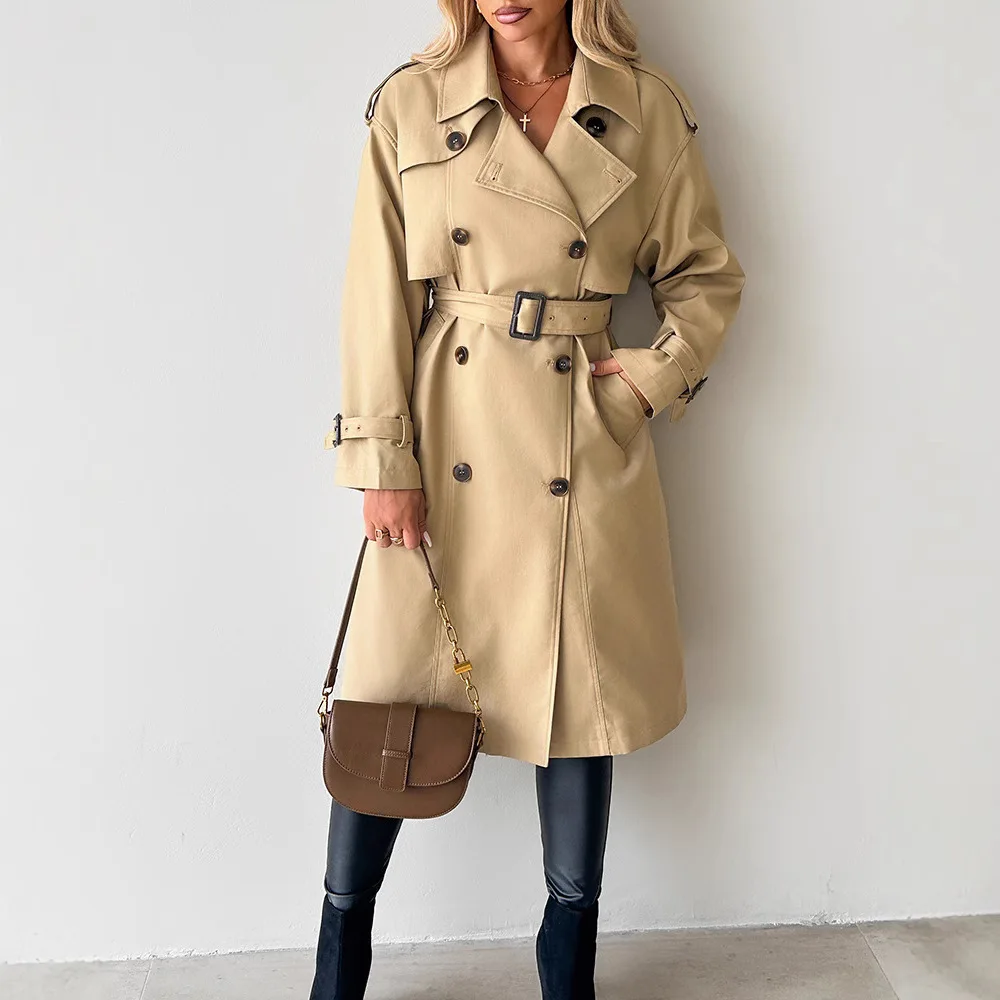 Women Autumn Winter Solid Color Coat Notched Collar Double Breasted Longline Trench Coat