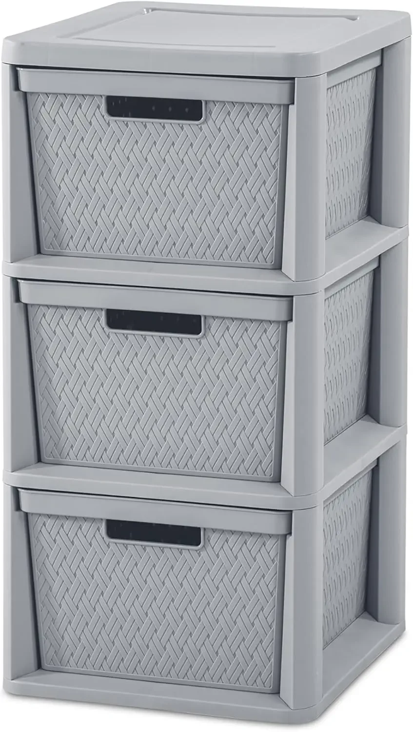 Decorative Plastic Bin Drawers with Handles Organize Clothes in Bedroom, Easy Assembly, Gray,