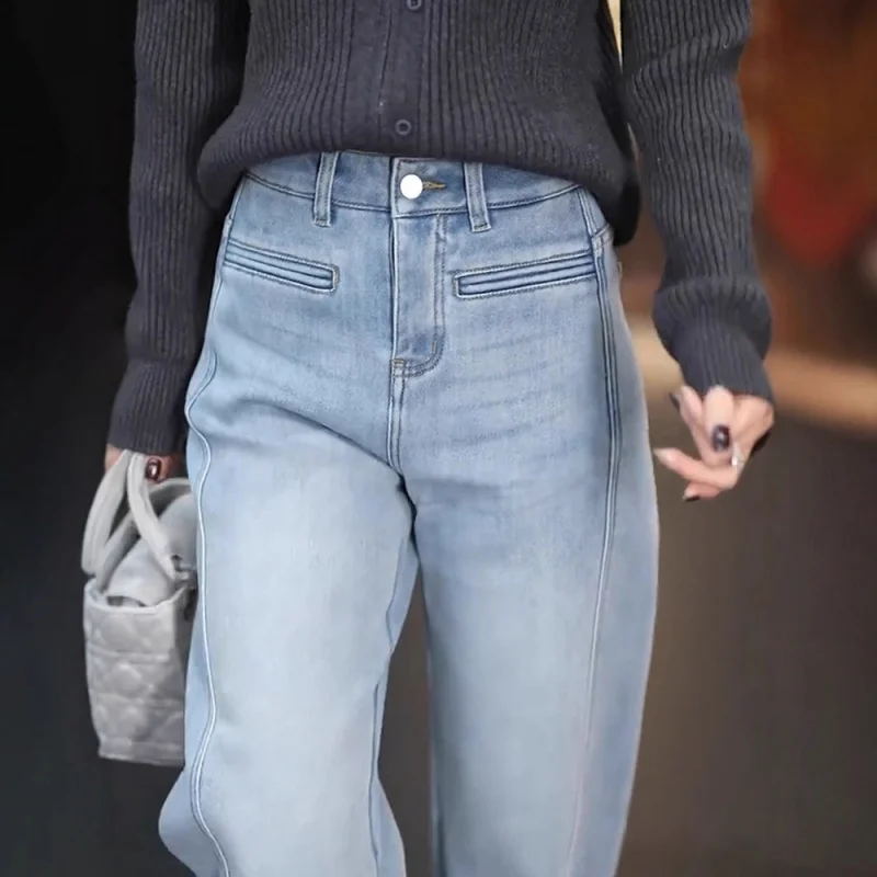 Pantalones vaqueros de color claro para mujer, pantalones estrechos de pierna ancha para primavera y otoño, pantalones largos informales holgados y adelgazantes a la moda