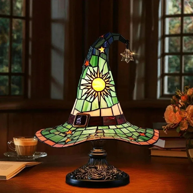 

Stained Glass Witch Hat Table Lamp Halloween Vintage Style LED Desk Light for Home Bar Café Decoration