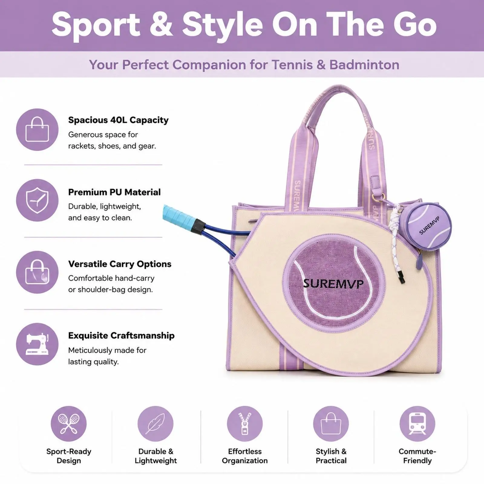 Large Storage Tennis Handbag PU Waterproof Racket Sports Duffel Bag for Outdoor Player Gym School Use