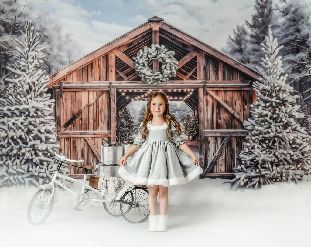 Snowy Mountain Tree Farm Backdrops Kids Family Photography Props Snowy Forest Wooden Farm House Front Backgrounds