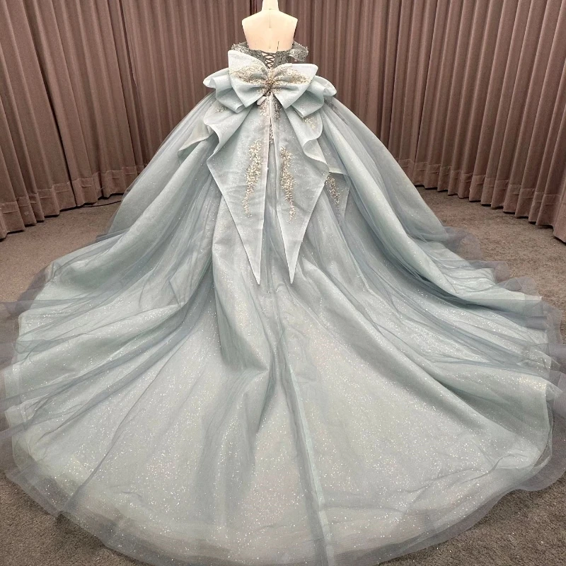 Vestidos De quinceañera brillantes De color azul marino claro De lujo, apliques De cuentas De cristales, Vestidos De tul con lazo De 15 Anos, corsé para fiesta De cumpleaños Swe