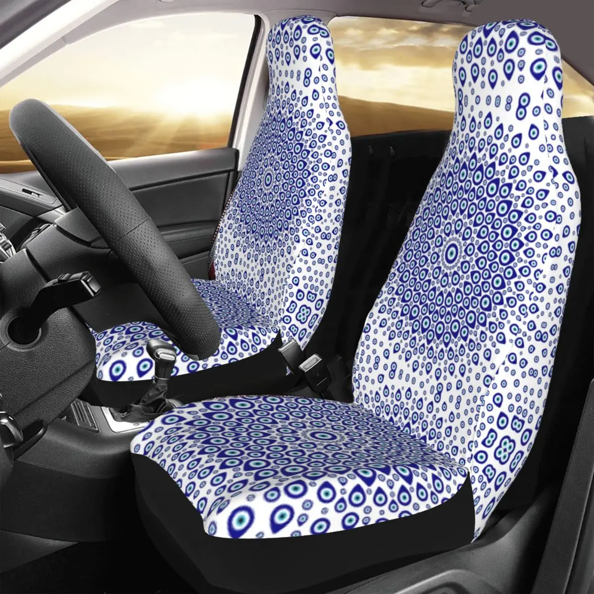 Nazar Amulet Turkish Evil Eye Circular Universal Car Seat Cover Auto Interior Women Blue Boho Auto Seat Cover Fiber Car Styling