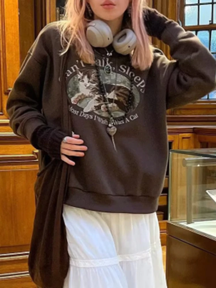 Casual Women Brown Graphic Sweatshirts 2023 Fall Fashion O Neck Long Sleeves Cat Embroidery Tops Female Loose Pullovers