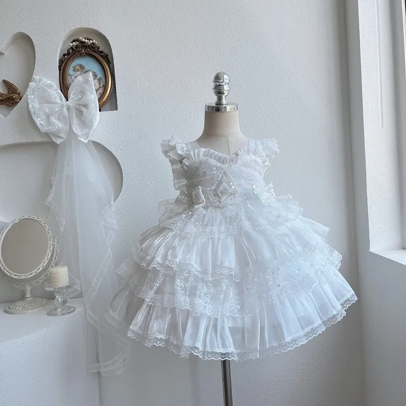 lace Princess dress girls children's fluffy dress birthday Multi layer camisole vest gauze dress