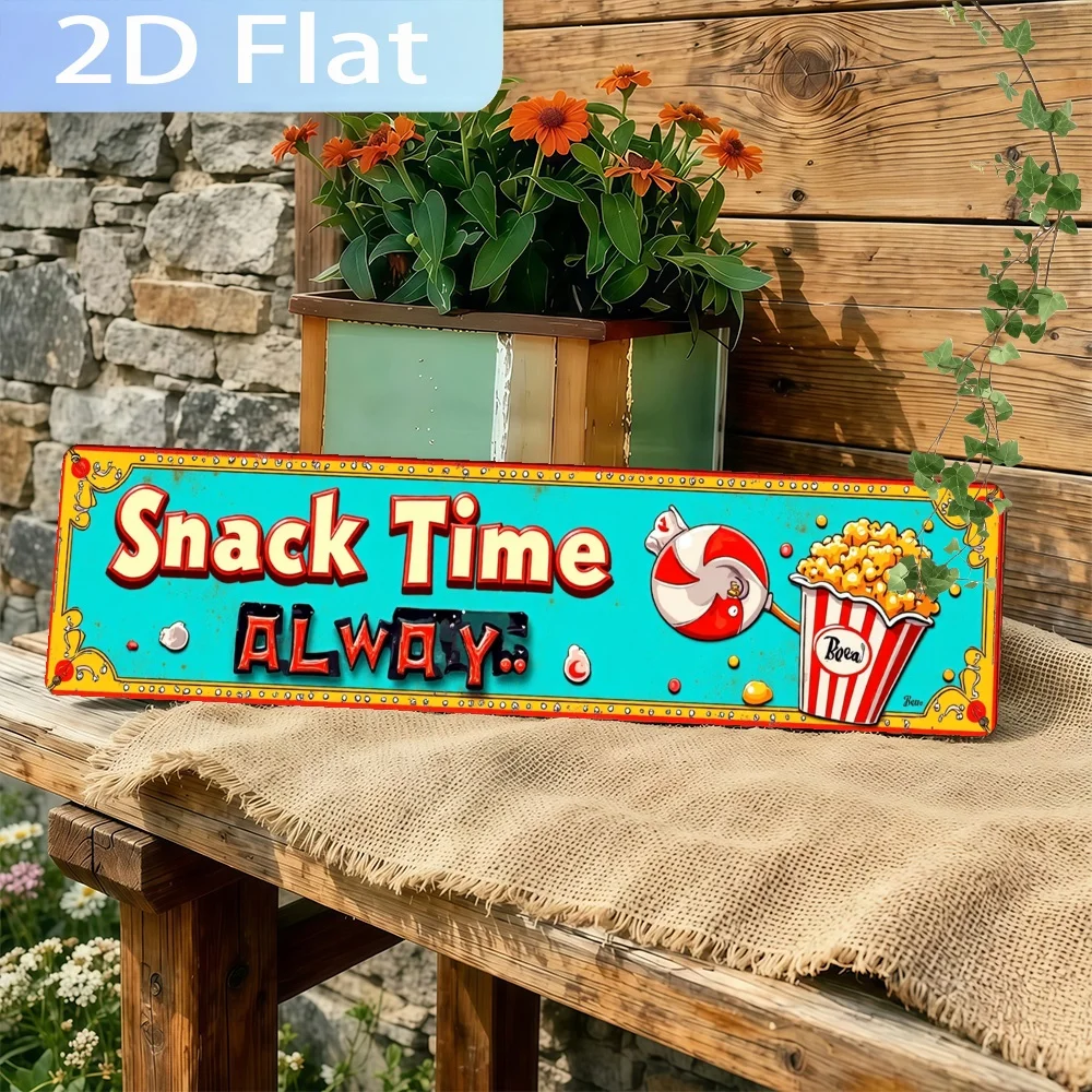 2D Flat, Vintage Snack Time Always with Snacks Metal Sign, UV Printed Wall Art, Durable Decoration for Home, Cafe, Garden