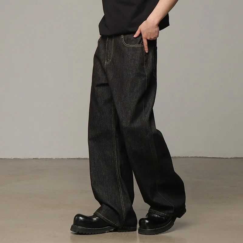 

Мужские джинсы из джинсовой ткани в американском стиле ретро, свободные прямые брюки трапециевидной формы, широкие длинные брюки, новинка лета
