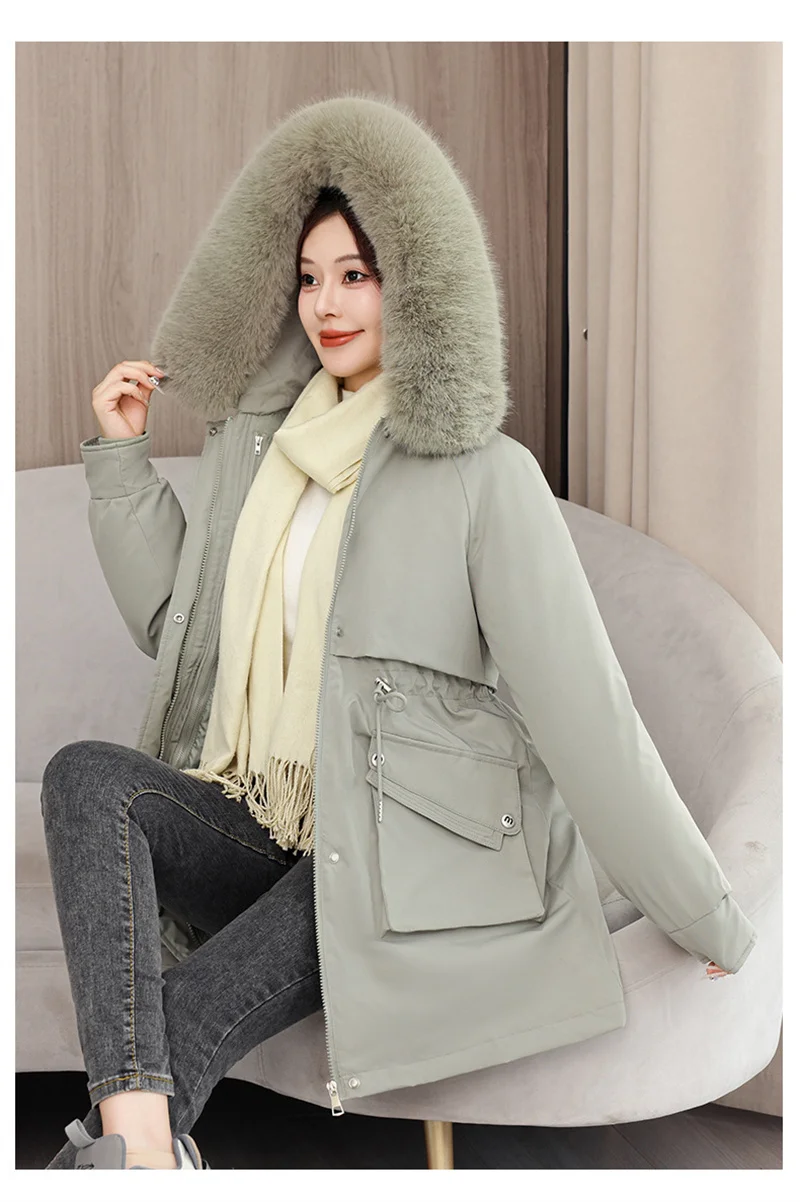 2026 New Winter Coat Down Padded Jacket Women Parkas Fur Collar Thick Hooded Cotton Coats Black Casual Outerwear Female Clothes