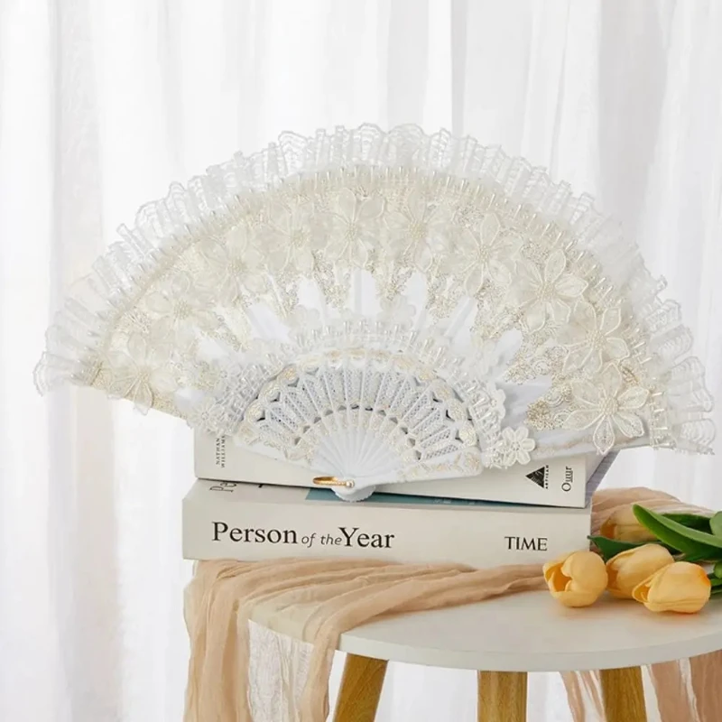 White Lolita Lace Hand Fan Handheld Retro Court Style Lace Folding Fan with Pearl Plastic Handle Bride Hand Fan Gift