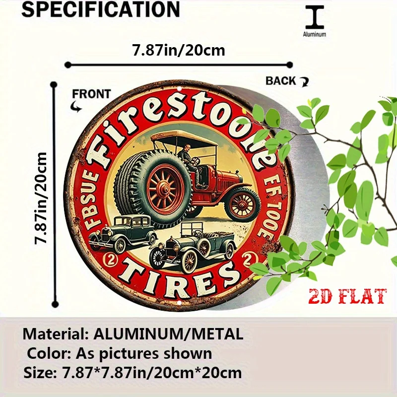 2D Flat - One-Piece Round Aluminum Sign with a Retro Design Featuring Firestone Tires - a Vintage Rustic Metal Wall Art Piece,