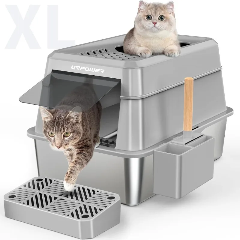 

Stainless Steel Cat Litter Box with Lid Extra Large Enclosed Litter Box for Cat Non-Sticky Metal Litter Pan High Sided Kitty