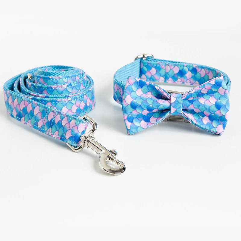 Luxury Mermaid Dog Collar And Leash Printed Elegant Dog Bow Tie Collar Dog Martingale Collar Adjustable Dogs Collars And Leads