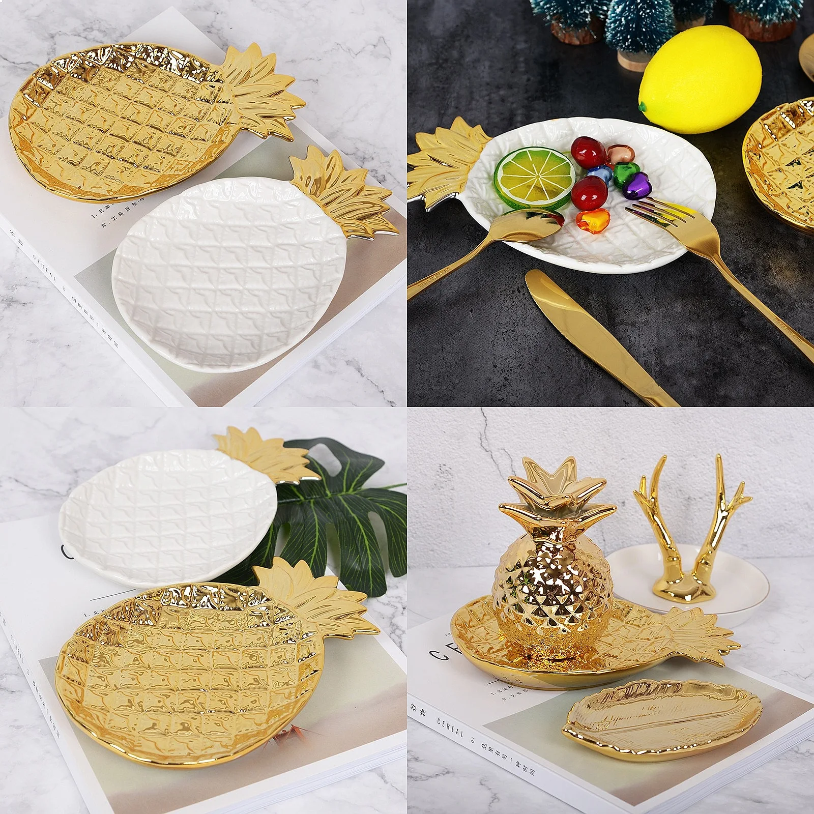 Golden Pineapple Shape Nordic Ceramic Storage Tray, Jewelry Dish, Cake Plate, Key Tray for Entryway