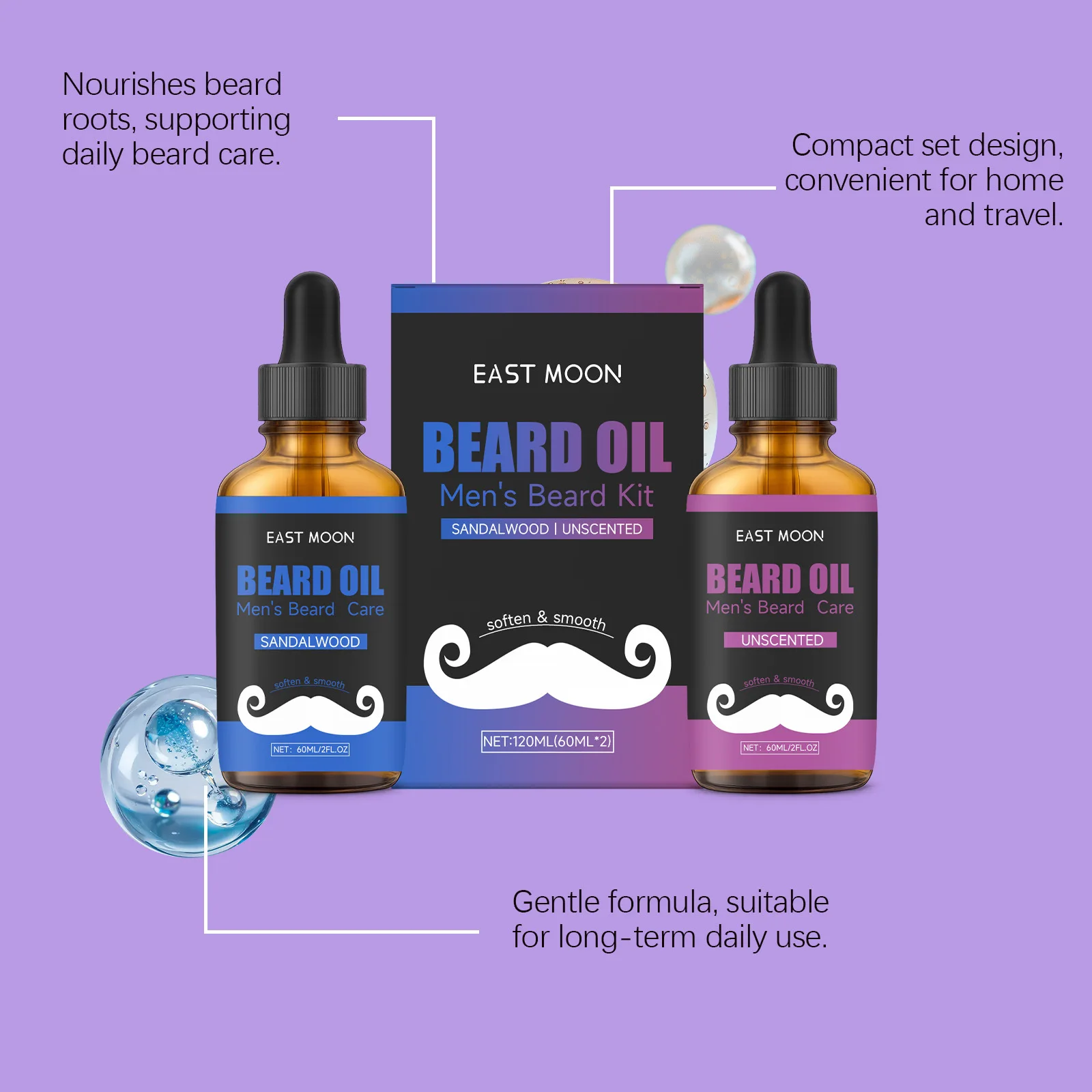 مجموعة زيوت العناية باللحية من رجل القمر الشرقي تحسين الإنزلاق وتقليل الاحتكاك وتدوم طويلاً، مجموعة هدايا عيد الميلاد الناعمة للتحكم في الزيت، مصل نمو اللحية #3