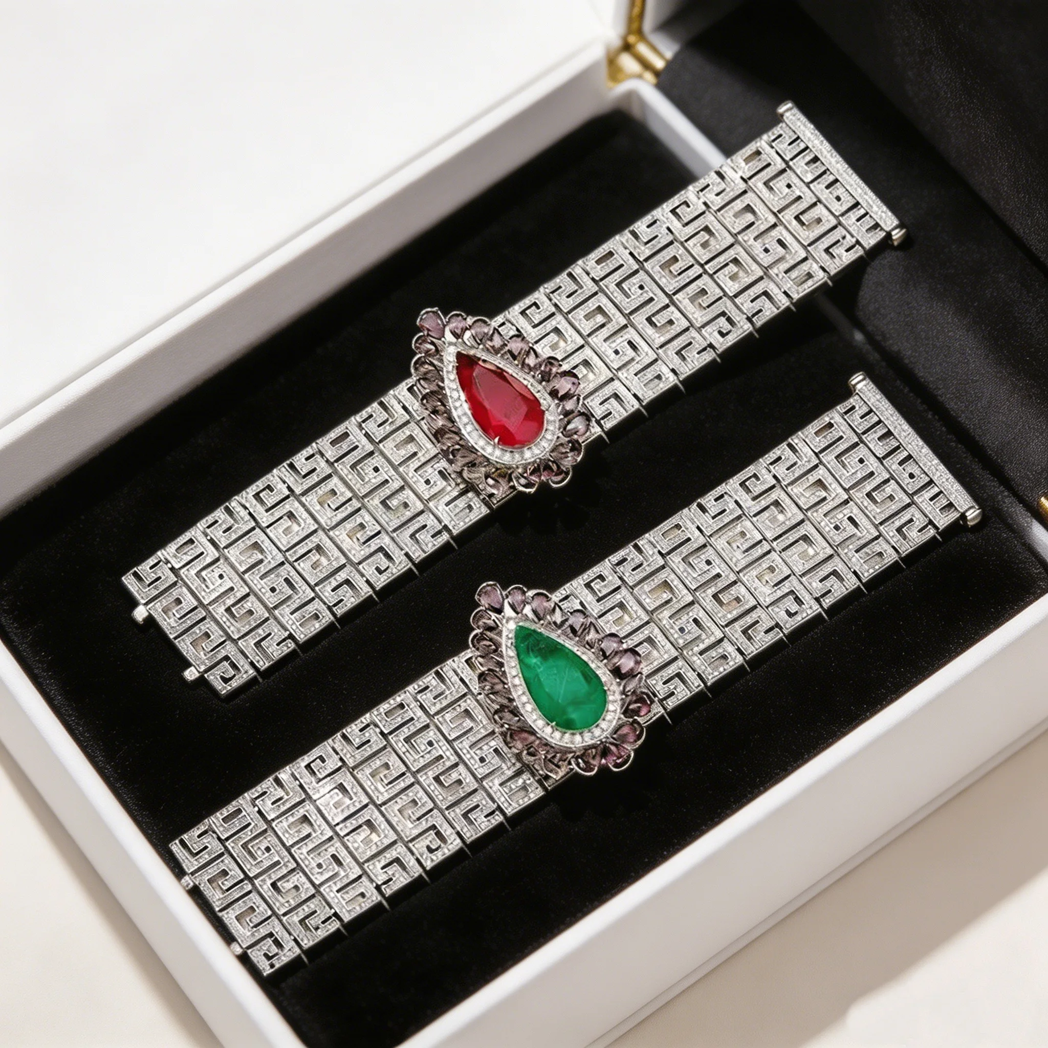 Vintage Fashion Style Bracelet Women Lady Inlay Cubic Zircon Drop Shape Synthetic Ruby Emerald Wide Bangle Party Jewelry