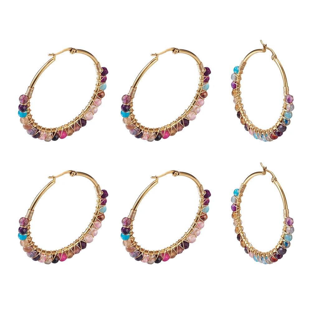 4 Pairs 50mm Hoop Earrings Stainless Steel Earrings Natural Agates Beads Round Circle Ear Ring Women Fashion Jewelry Gift