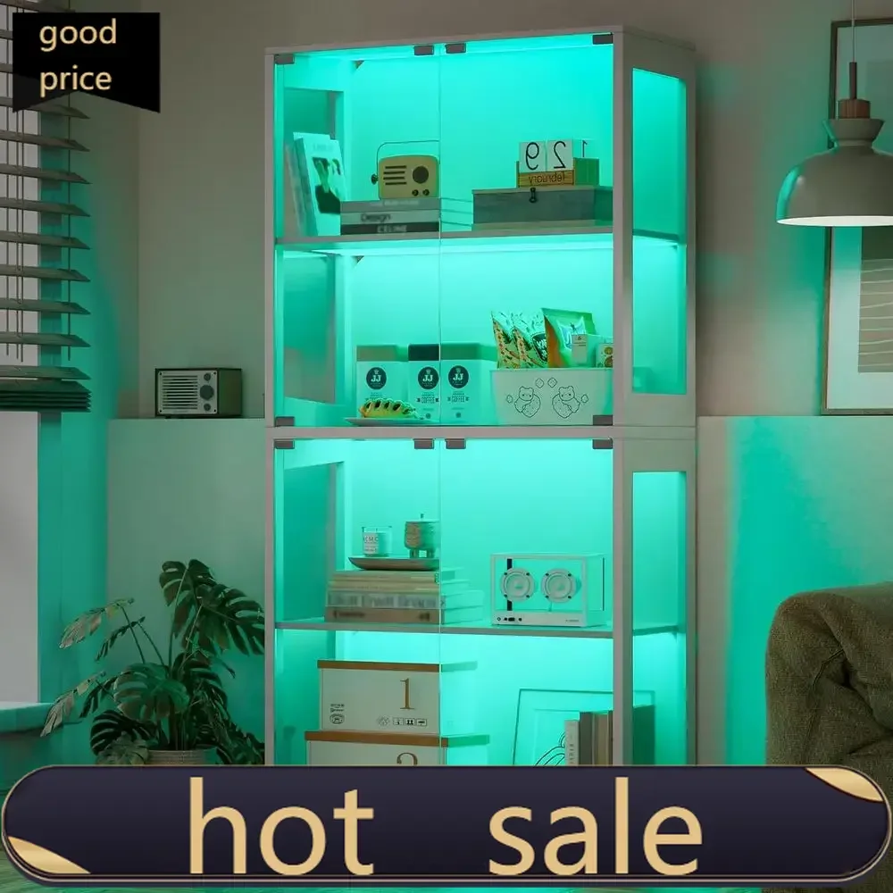 Vitrina de exhibición LED RGB de 4 niveles con sincronización musical, control remoto, almacenamiento para curiosidades, blanca, 14D x 32W x 65H, precio de oferta, popular