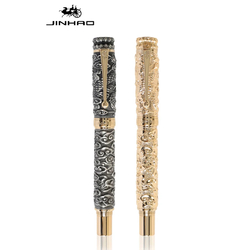 Jinhao Noble Ancient Golden/Gray Rollerball Pen Dragon Cloud Heavy Big Pen M Nib 0.7mm Carving Embossing Writing Gift Pen New