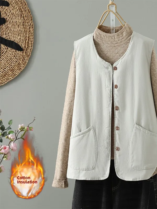 

Artistic Women's Cotton Vest Autumn Winter Thiened round Ne Single Button Closure Color Commute Sle Faionable
