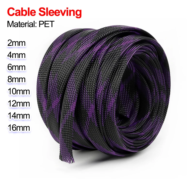 1~50m PET Expandable Cable Sleeve Black Purple 2mm - 16mm High Density Nylon Braided Mesh Tube Wire Insulated Sheath Sleeving