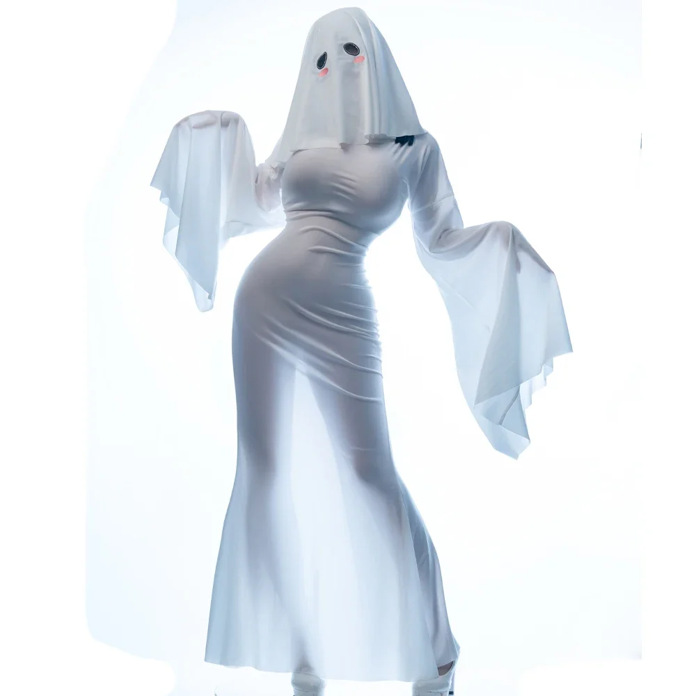 Female Ghost Cosplay Costume Halloween Scare Face Cape Scream Costume Adult Fancy Dress Halloween Cosplay Costume