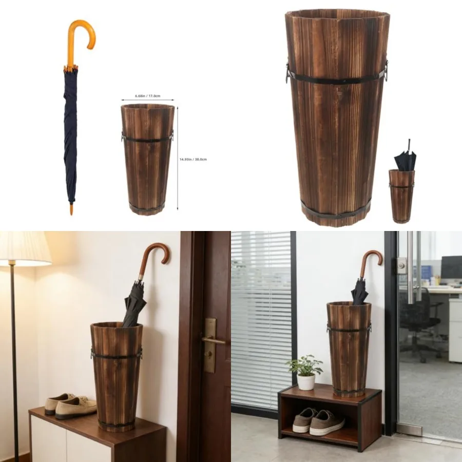 

Wooden Umbrella Stand Garden Umbrella Base for Outdoor Patio Entryway Modern Design Carbonized Wood Canes
