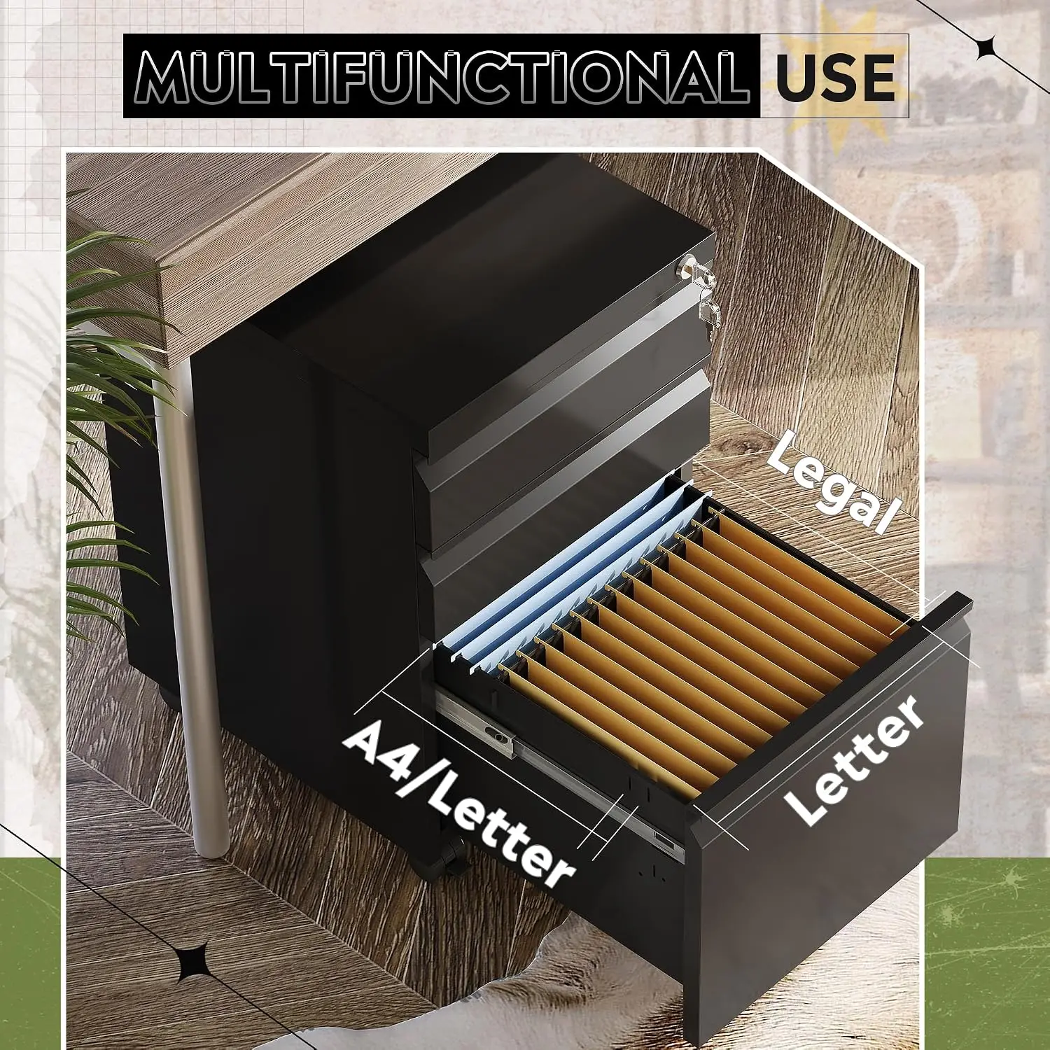 3 Drawer Locking File Cabinet Fully Assembled Metal Storage Office Mobile Pedestal, Customized